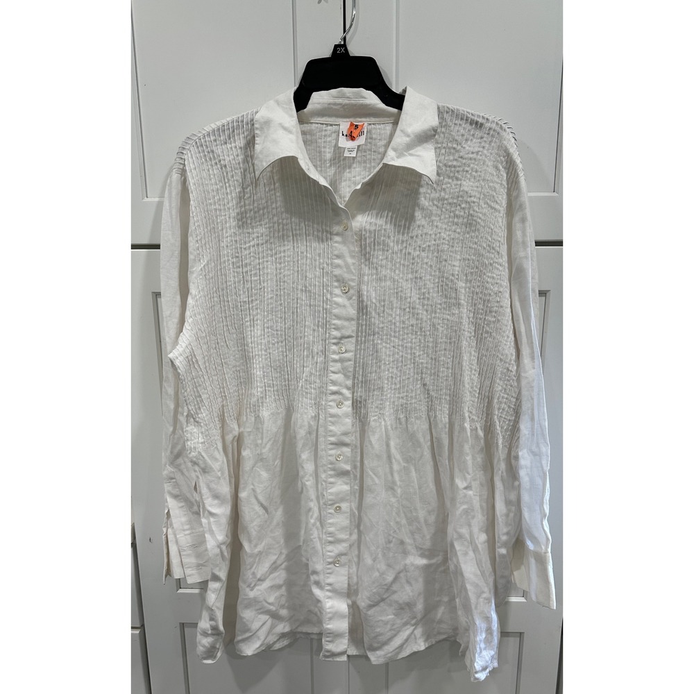 kate hill Women's 3X White 100% Linen Button Down Long Sleeve Shirt Pleated